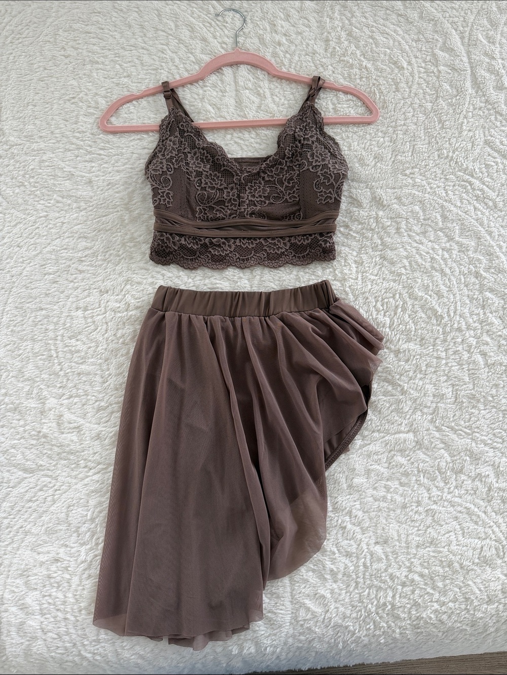 Weissman Brown Lace Bralette and Midi Skirt Set